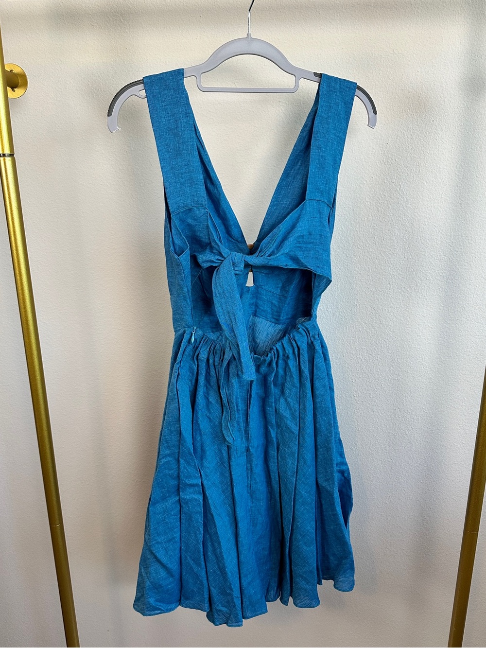 Linen Sleeveless V-Neck Blue Summer Dress - Picture 3 of 9